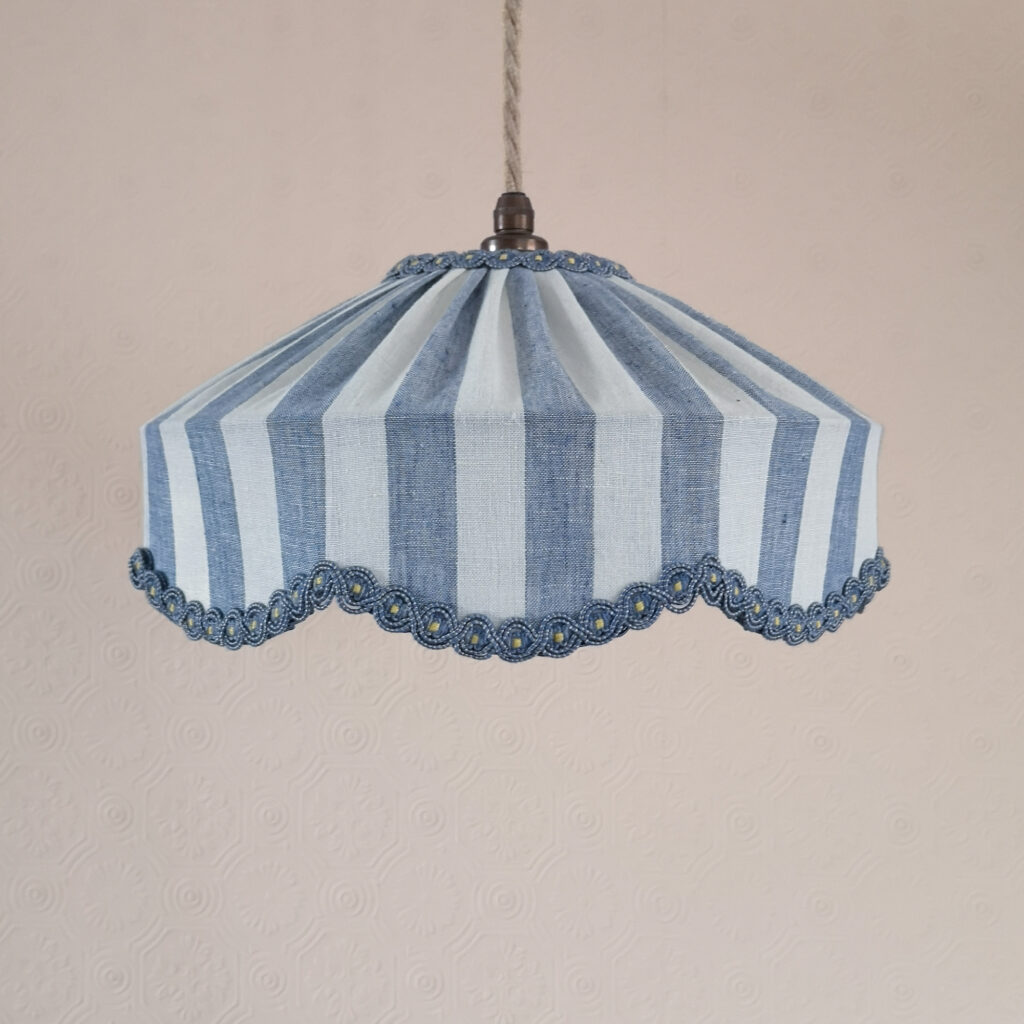 SALE 12″ Tiffany Wave Lampshade – Cornflower Blue Tent Stripe